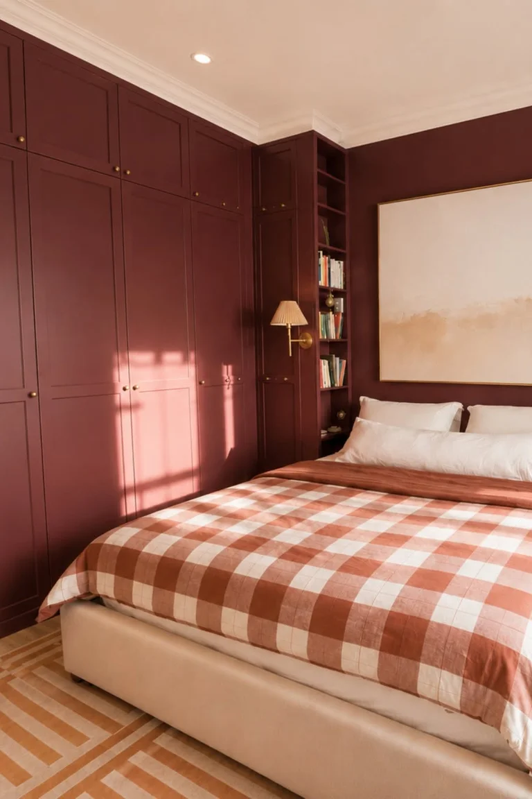 11 Micro Studio Apartment Ideas for Extremely Small Urban Spaces 6 Floor-to-ceiling burgundy wardrobe wall with open bookcase section beside a bed