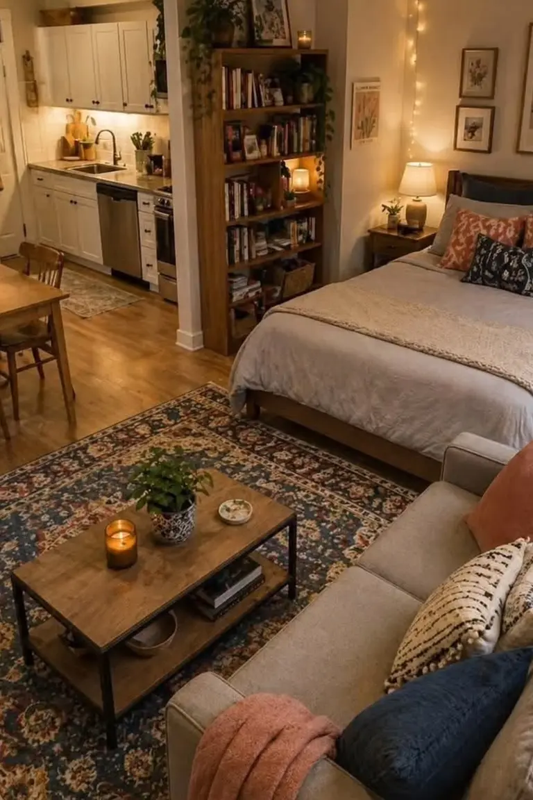 11 Micro Studio Apartment Ideas for Extremely Small Urban Spaces 7 Micro studio with sofa and rug living zone, bed, bookshelf divider, kitchen, and dining table flowing without walls
