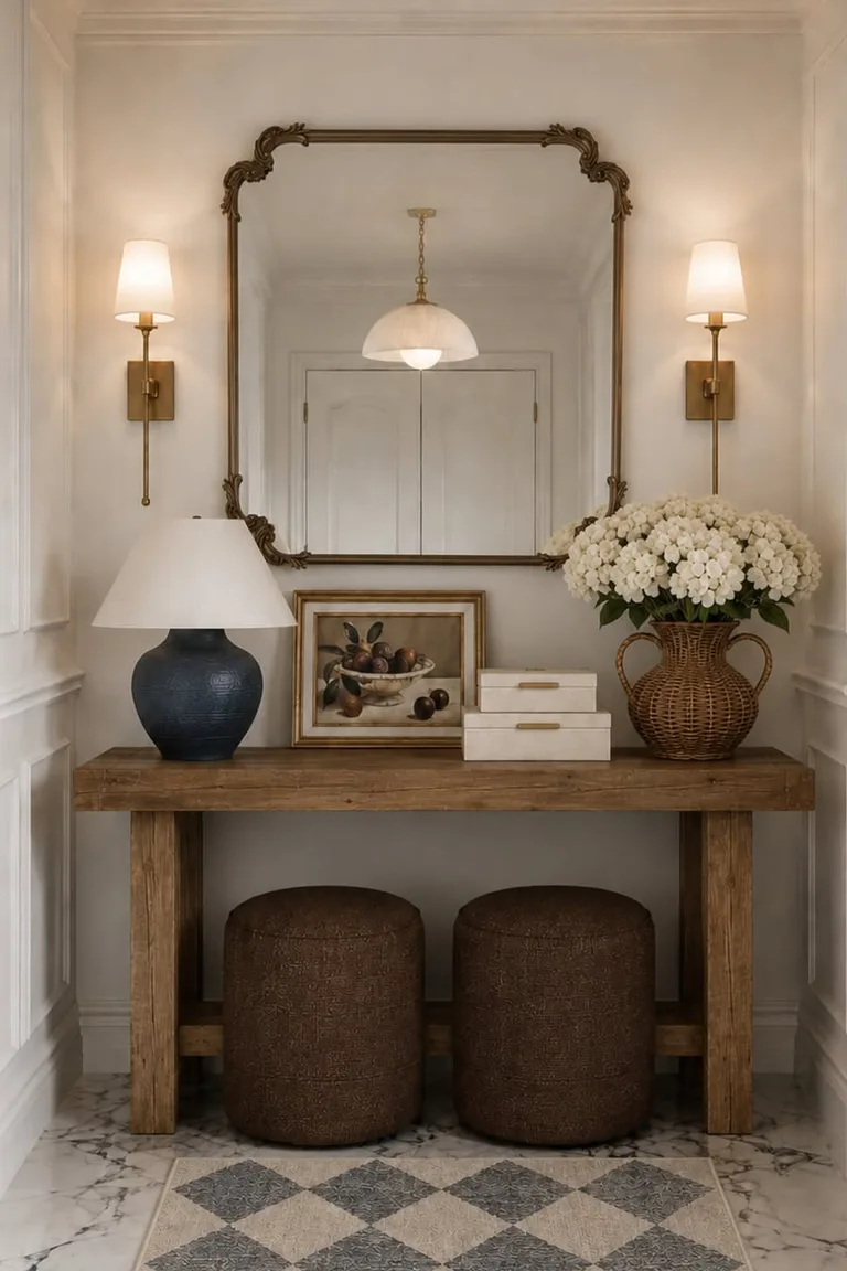 A straight-on entryway with a large gold-framed mirror flanked by two illuminated brass wall sconces above a rustic wood console holding a navy table lamp, framed art, boxes, and a wicker vase of white hydrangeas, with two brown poufs below and a diamond-pattern rug on marble flooring