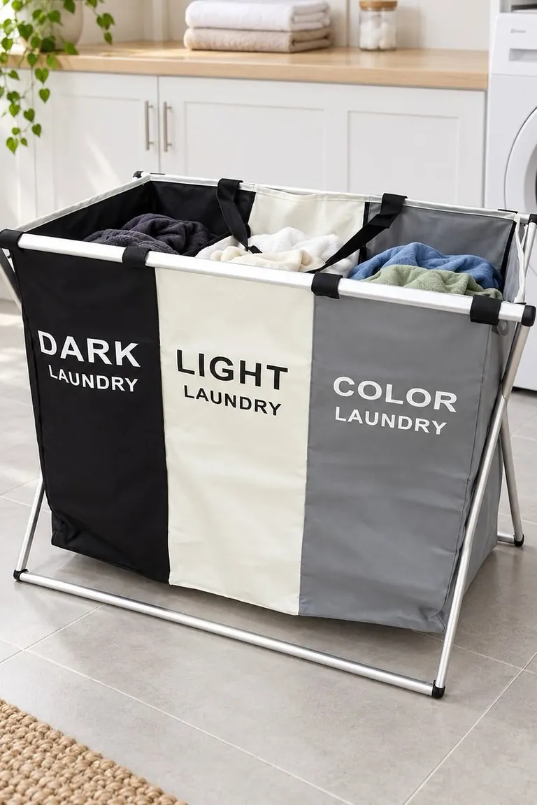 Three section laundry sorter with lights, darks, and delicates beside a laundry room door
