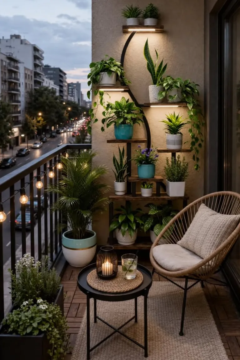 Small balcony with a vertical planter and tiered plants on the wall