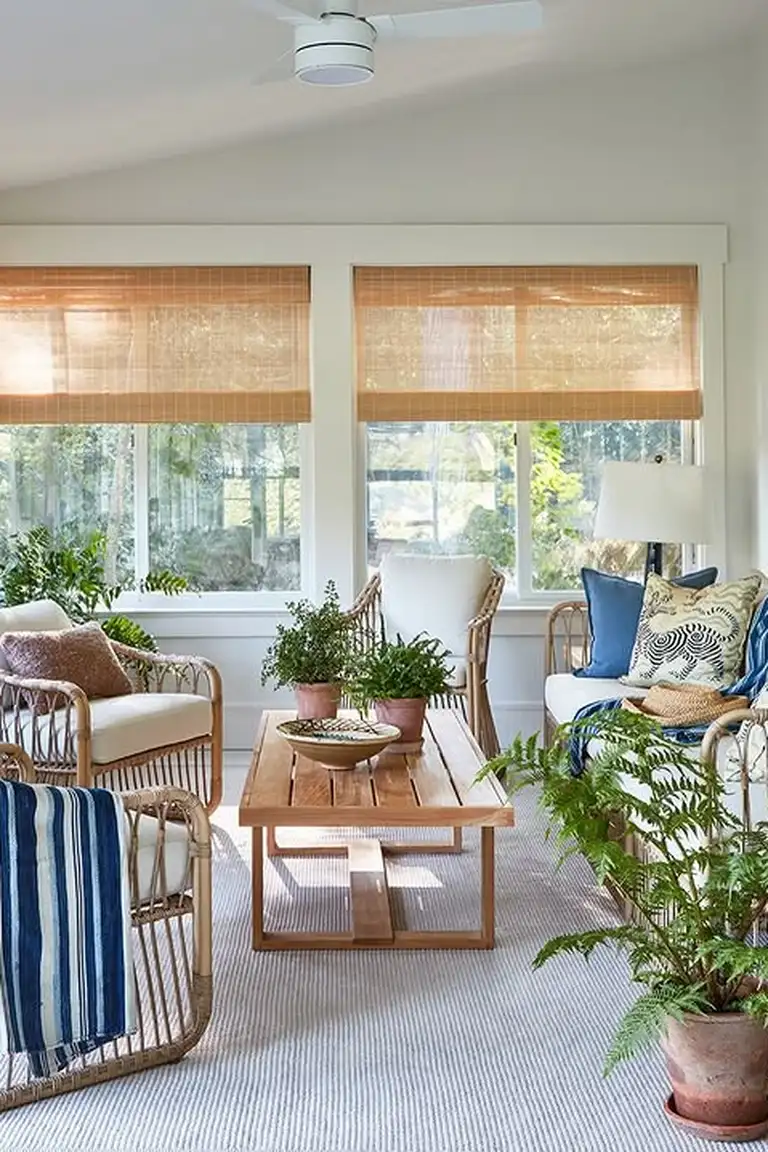 Bright sunroom with woven bamboo shades lowered halfway, rattan chairs, plants and a light rug