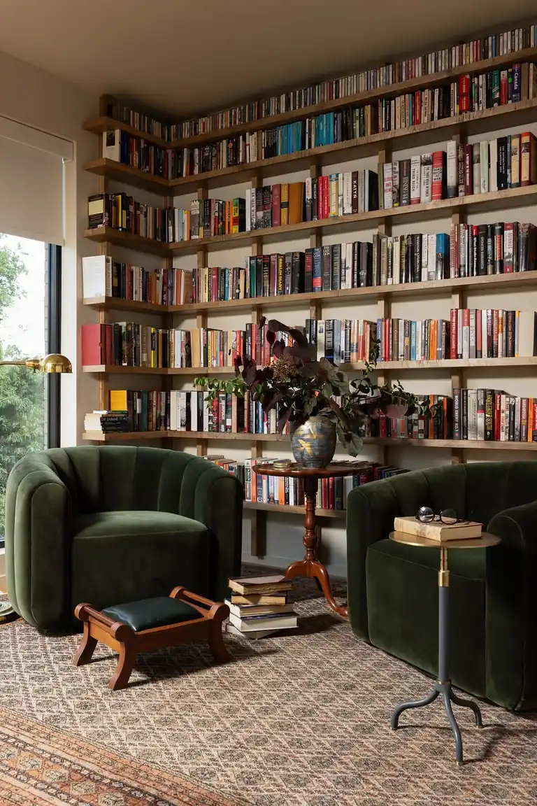 Reading corner with velvet armchairs and books stacked within arm's reach of the seats