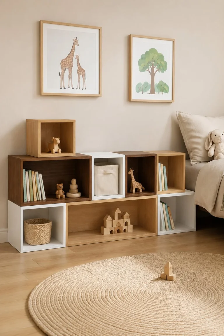 Stunning Kallax Bedroom Transformations You Need to See 8 Low stepped cube shelves in a child's bedroom holding books, wooden toys, and a woven basket, beside a bed with beige bedding and a round woven rug on wood flooring