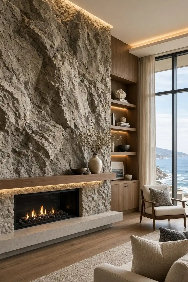 25 Stunning Accent Wall Ideas for Every Room and Style 8 A living room with a dramatic full-height natural stone accent wall behind a fireplace with a lit fire and wooden mantel, seating facing it, a rug, wood flooring, built-in shelving, and tall windows