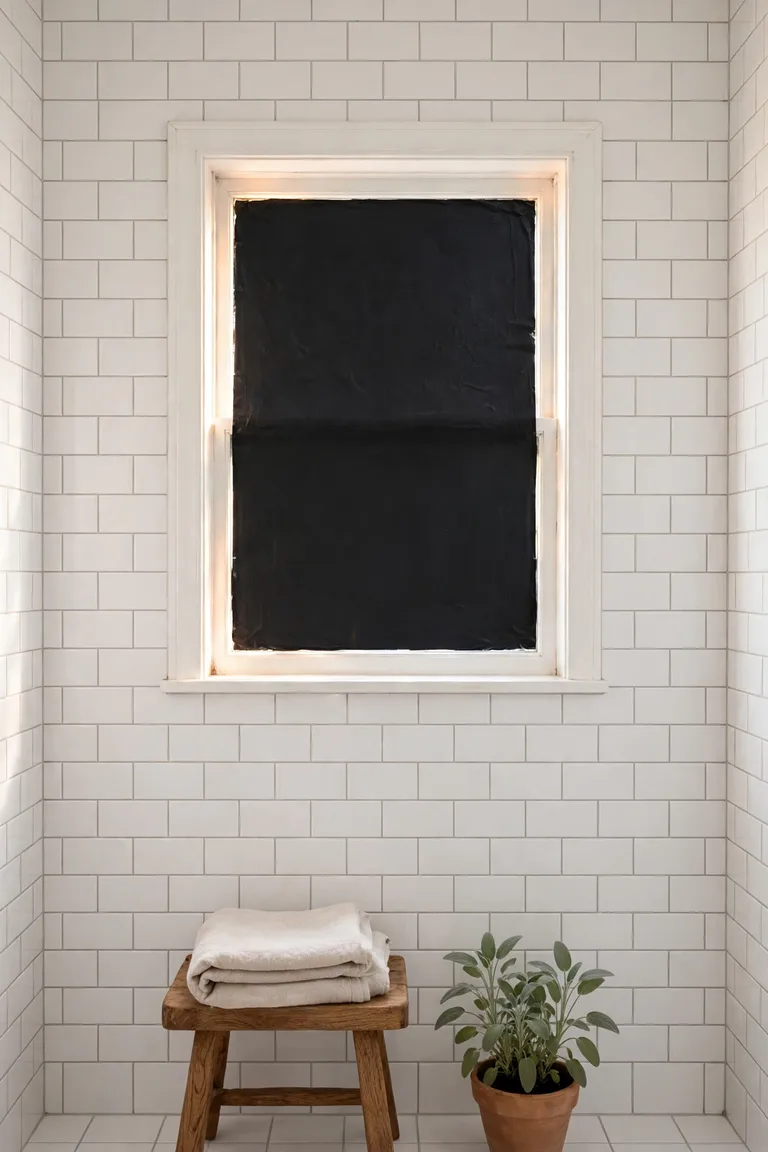 Small bathroom window fully covered with blackout film, white tile, wooden stool with folded towel, sage plant