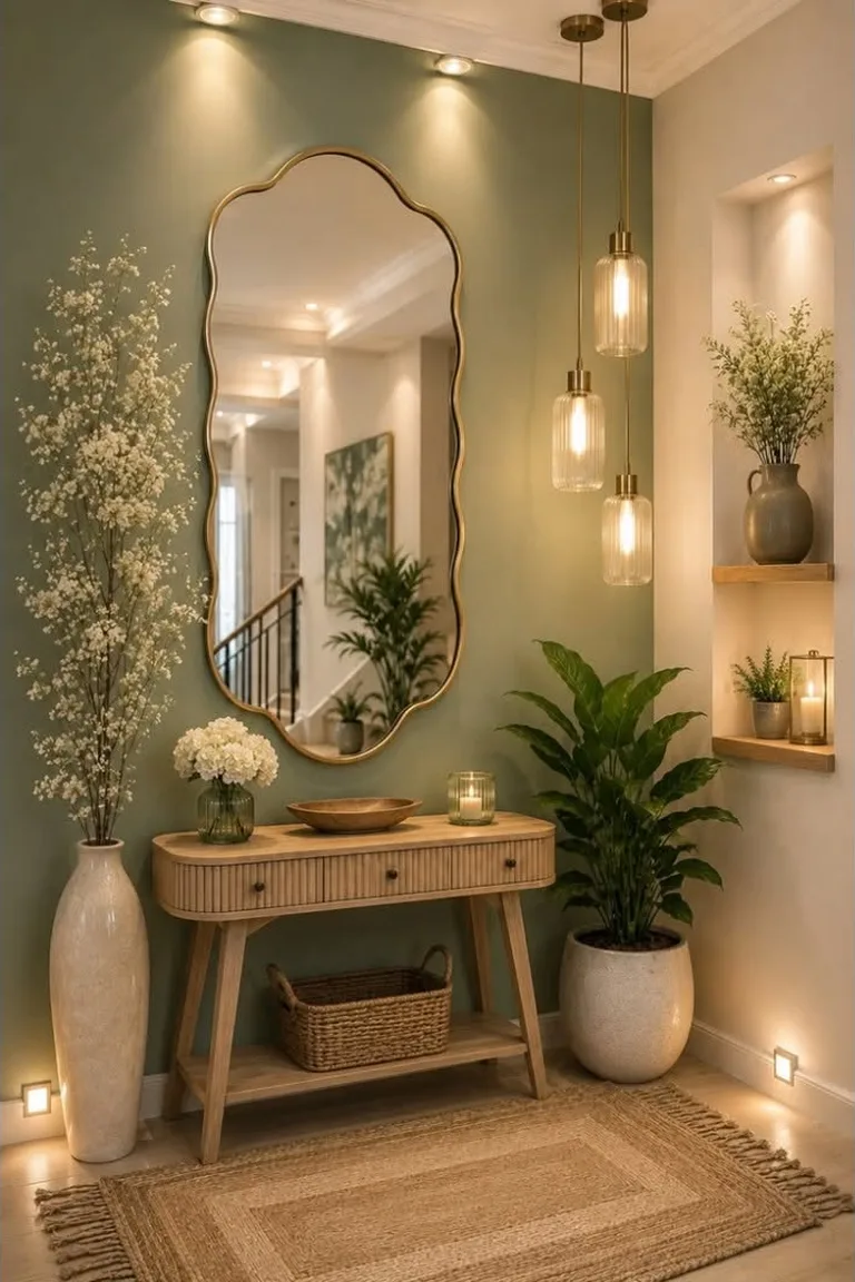 A sage-green accent wall in an entryway with a tall wavy gold-framed mirror above a light wood console, glass pendant lights, tall vase of white branches, potted plant, and woven rug