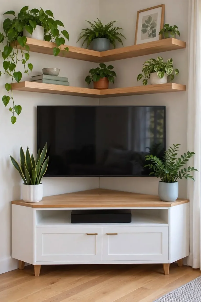 A corner TV arrangement with a television mounted in the corner above a white corner console with a wood top, floating corner shelves with plants above, and a rug and window beside it.