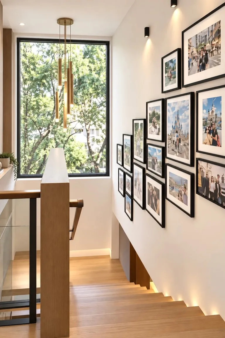 25 Stunning Accent Wall Ideas for Every Room and Style 9 A stairwell with a gallery wall of black-framed photographs climbing the wall beside wooden stairs, with a large window, brass pendant lights, wood flooring, and a landing below