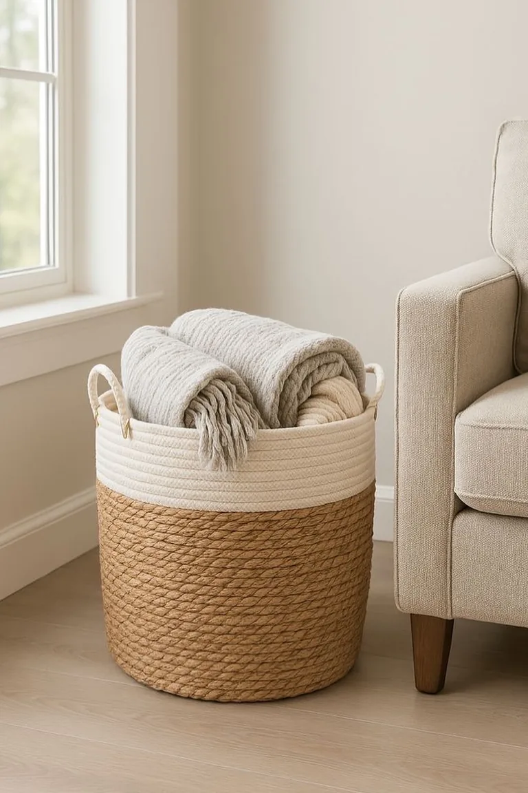 Woven basket filled with rolled knit blankets beside an armchair in a bright corner
