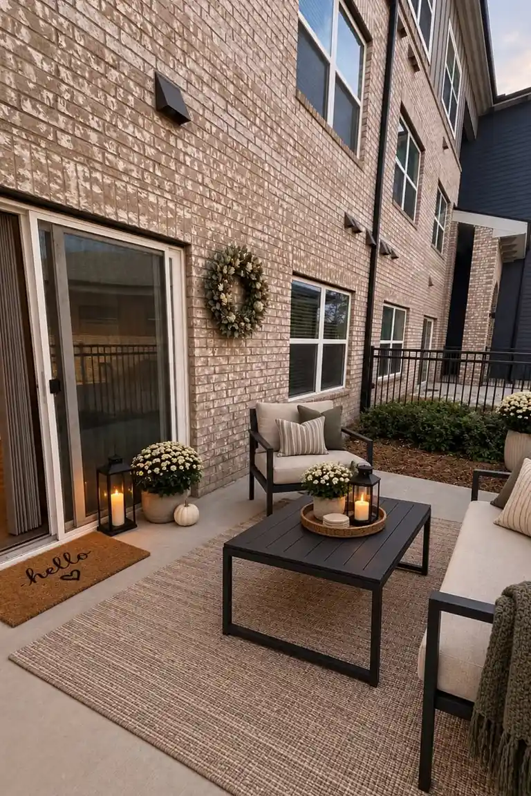 Cozy small patio chairs with colorful cushions and a throw blanket