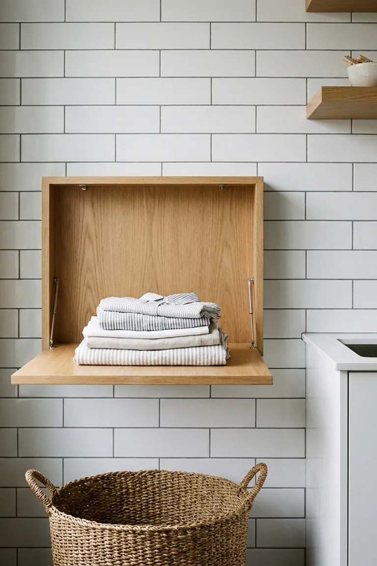 Fold down oak table with folded linens and a woven basket beneath it in a laundry room