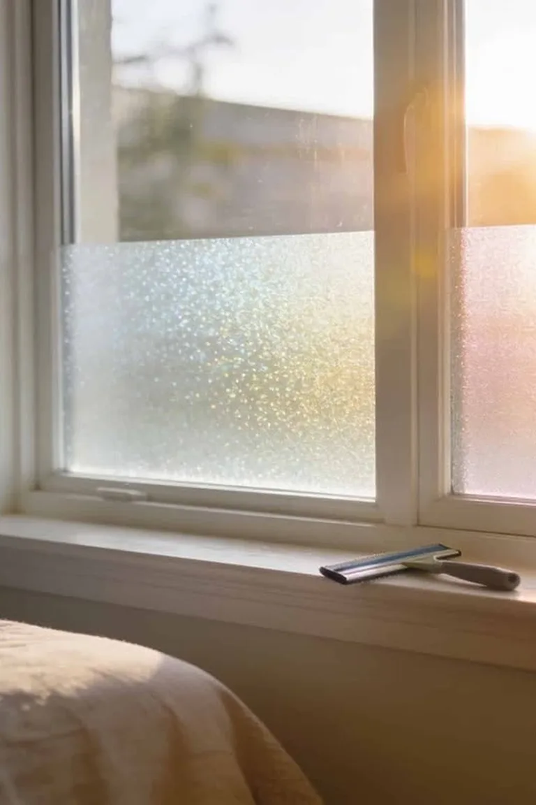 Bedroom window with frosted privacy film on the lower half and clear glass above, bright daylight through the upper panes, bed corner in frame