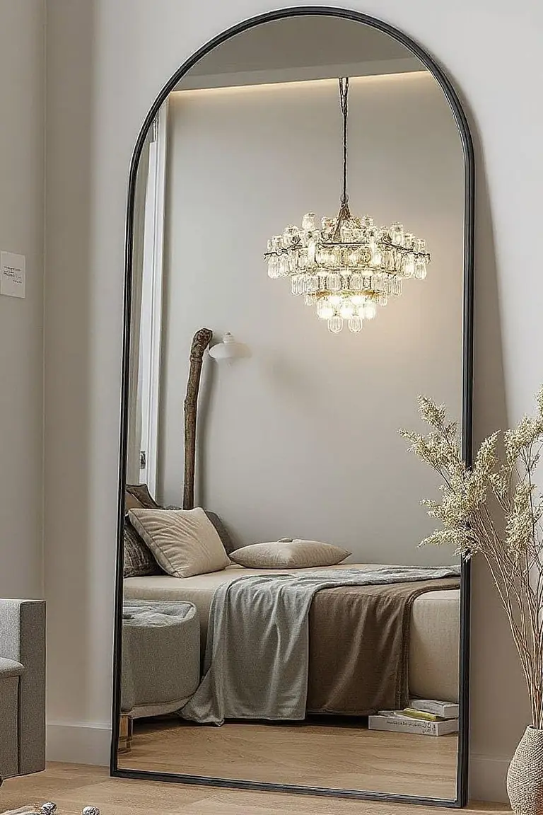 20 Renter-Friendly Bedroom Ideas for a Cozy Space Without Painting 10 Tall arched mirror leaning against a bedroom wall and reflecting the bed in a rental bedroom