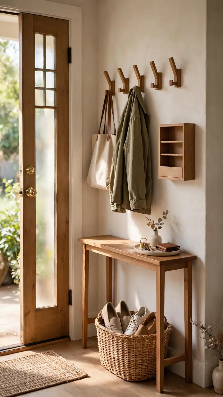 Entryway drop zone with wall hooks, a key tray, shoe basket, and mail sorter by the door.