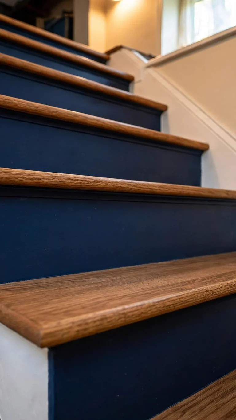 Basement stairs with deep navy painted risers and natural wood treads.