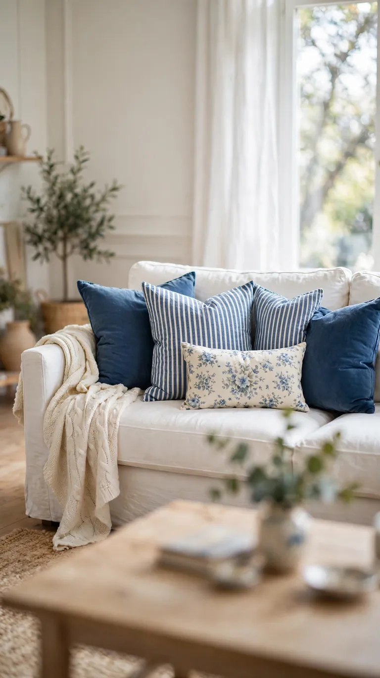 White sofa styled with navy and blue and white striped throw pillows in a bright living room.