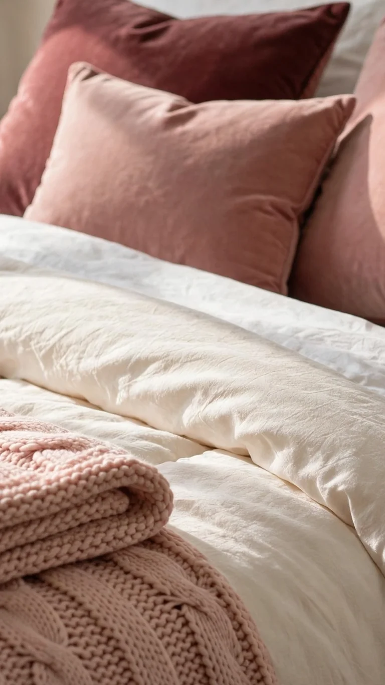Teen bed dressed in layered blush pink and cream bedding with a chunky knit throw and velvet cushions.