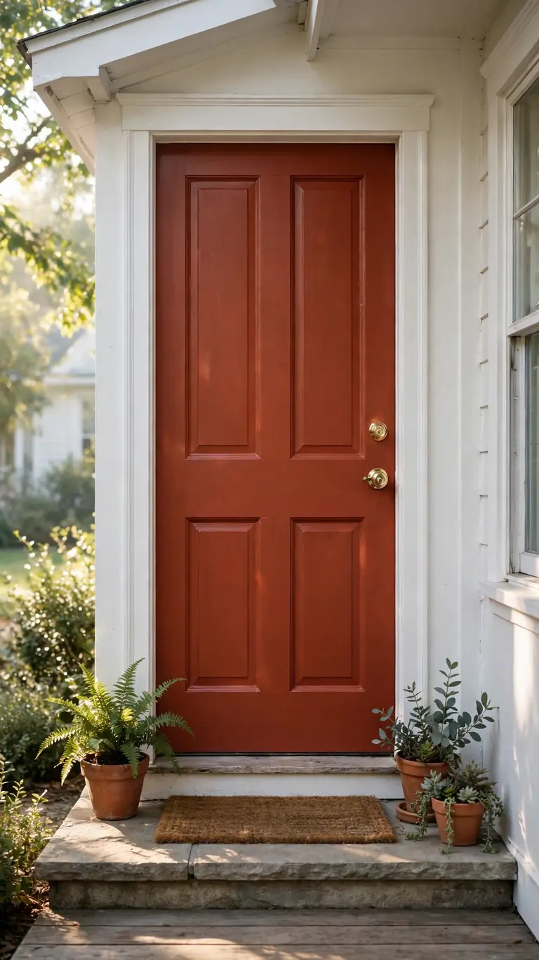 Small front porch with a bold terracotta painted front door, white trim, and brass hardware in morning light.