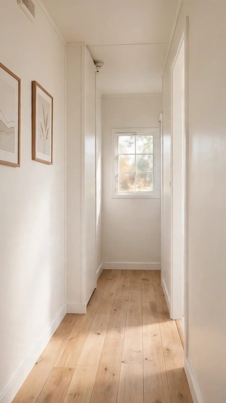 17 Trailer Decor Ideas to Make Your Mobile Home Feel Cozy and Stylish 2 A freshly painted trailer hallway in warm white with natural light making the narrow space feel bright.