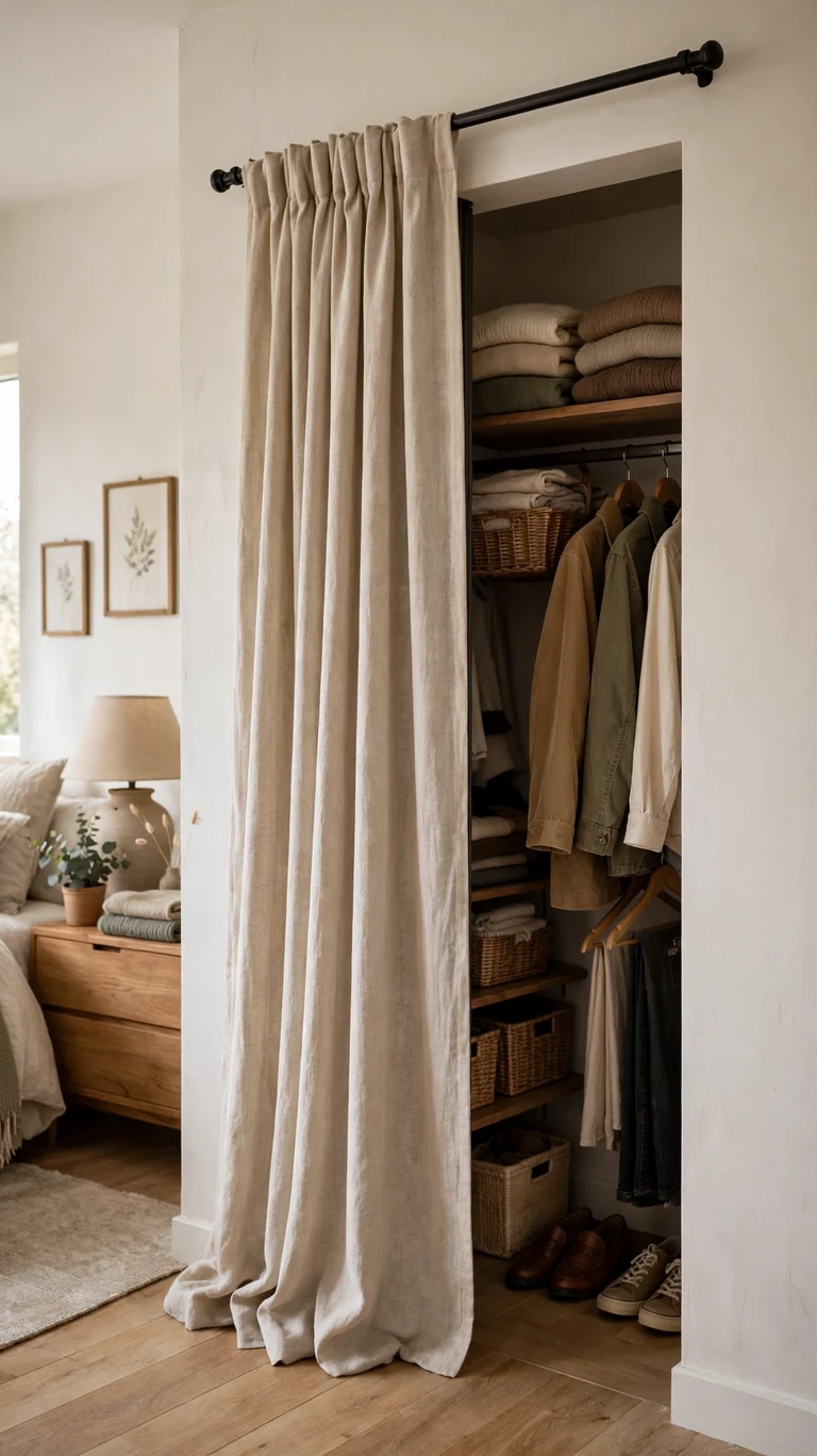 22 Creative Closet Curtain Ideas for a Stylish, Space-Saving Upgrade 2 Bedroom closet opening with old bifold doors removed and replaced by a natural linen curtain on a dark rod.
