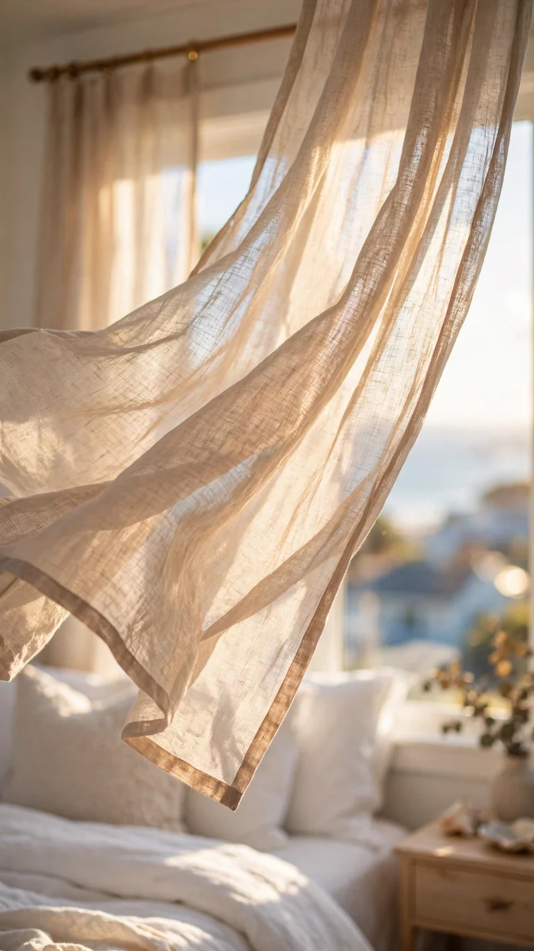 Sheer natural linen curtains glowing in sunlight on a bright coastal bedroom window.