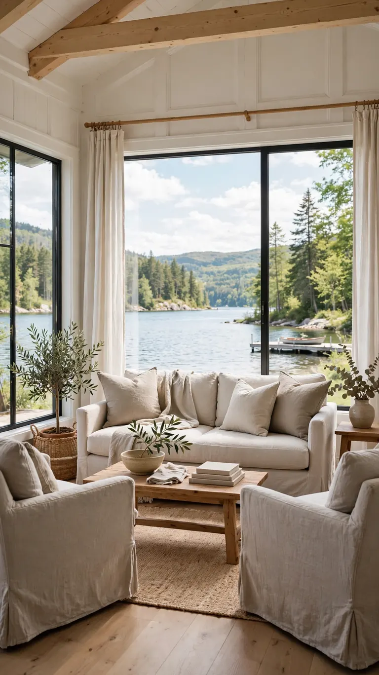 21 Small Lake Cottage Interior Design Ideas That Feel Cozy and Inviting 2 Bright lake cottage living room with minimal linen curtains and seating arranged to face the lake view through large windows.