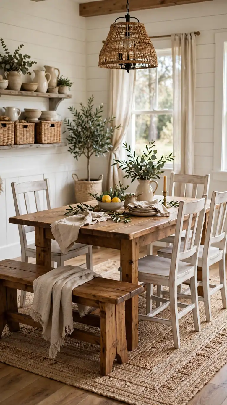 Farmhouse dining table with a matching wooden bench and whitewashed chairs arranged on a woven rug in a bright dining room.