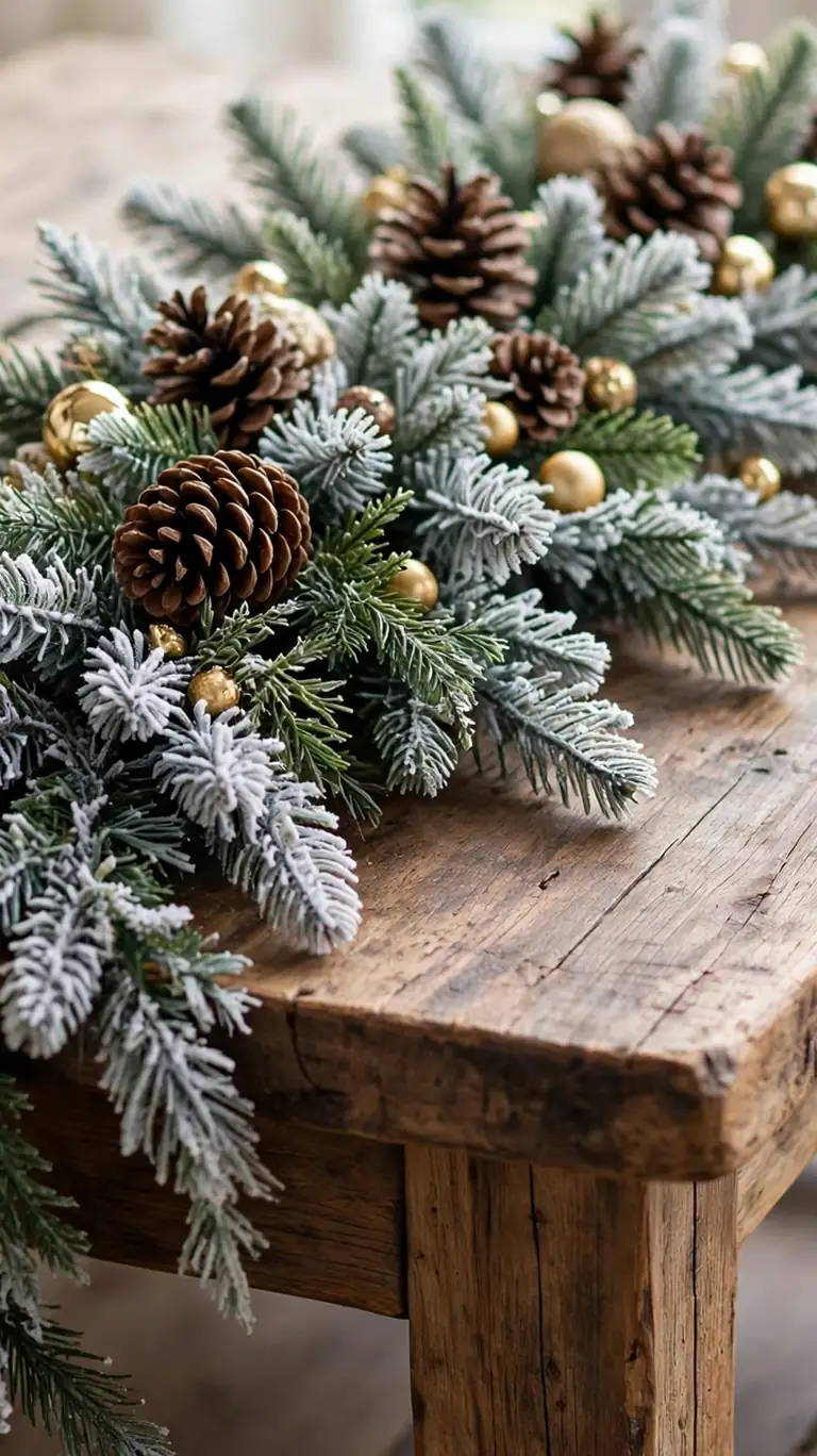 Frosted evergreen garland runner draped down the center of a coffee table with pinecones and small gold ornaments.