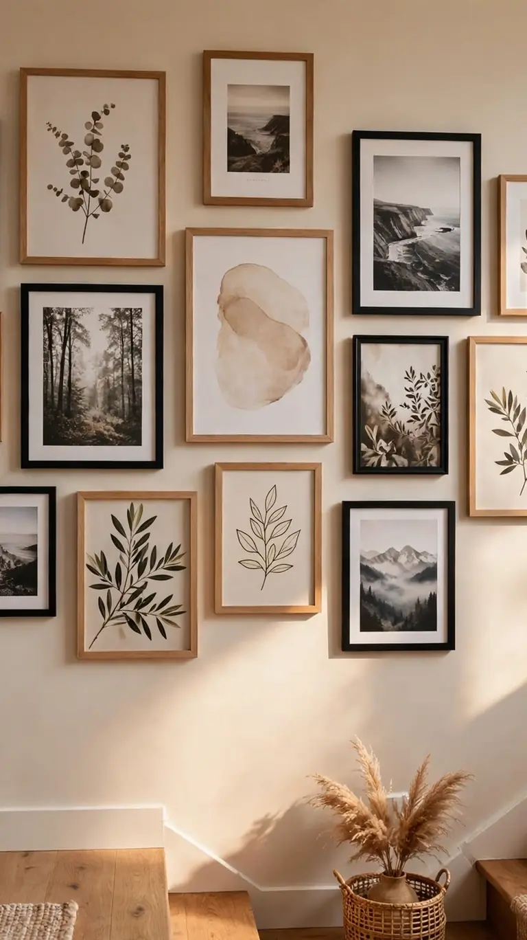 Curated gallery wall of black and natural wood frames with botanical and landscape prints above wooden stairs, pampas grass in a basket below.