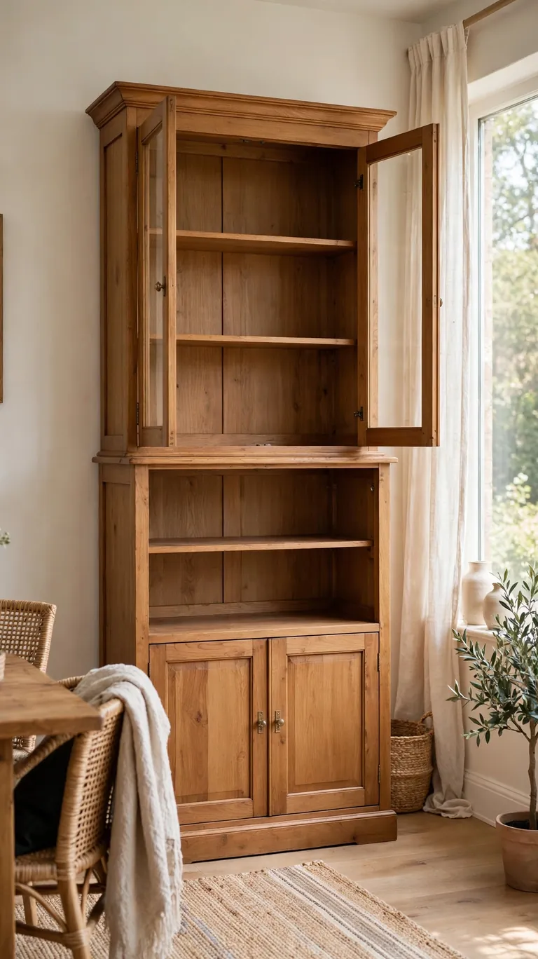 Completely emptied wooden hutch with clean shelves ready for styling in a bright dining room.