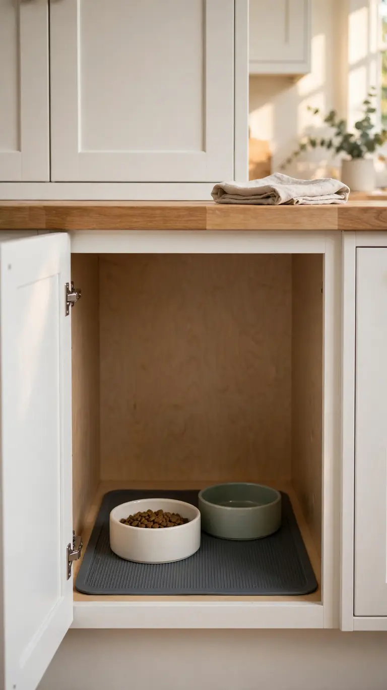 16 Clever Cat Food Station Ideas to Keep Your Home Organized 2 An open lower kitchen cabinet with a waterproof mat and two ceramic cat bowls inside, white shaker cabinetry in warm natural light.