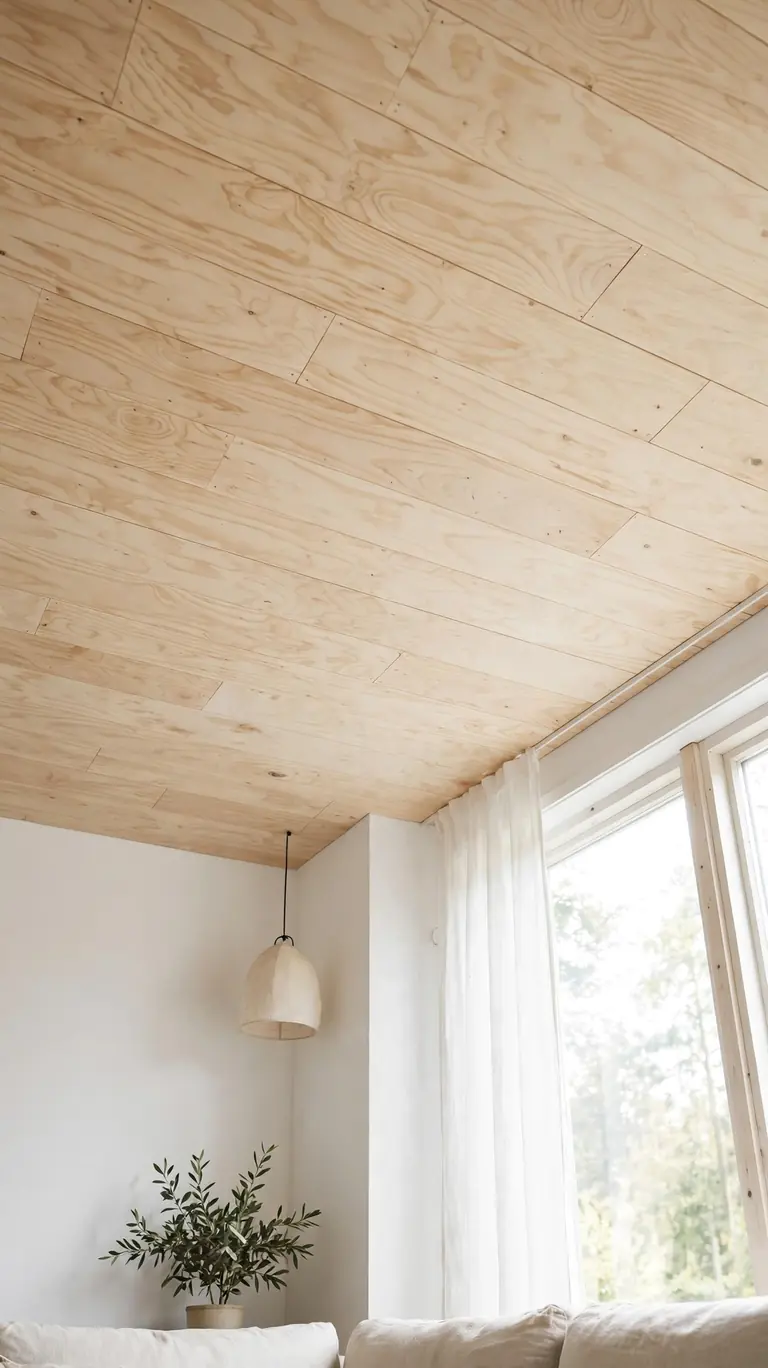 Natural birch plywood plank ceiling in a bright Scandinavian living room with visible pale wood grain.