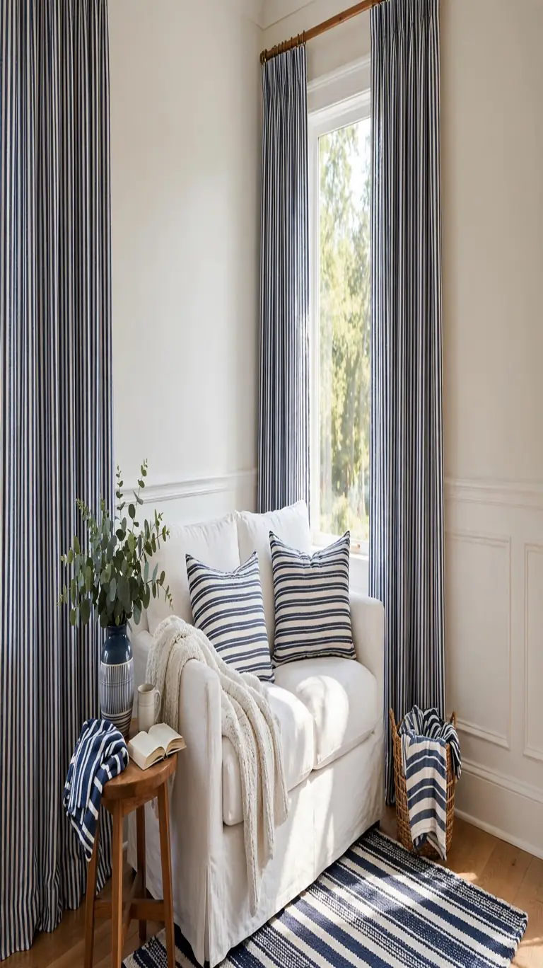 Living room corner showcasing navy and white striped curtains, a striped rug, and striped throw pillows on a white sofa.
