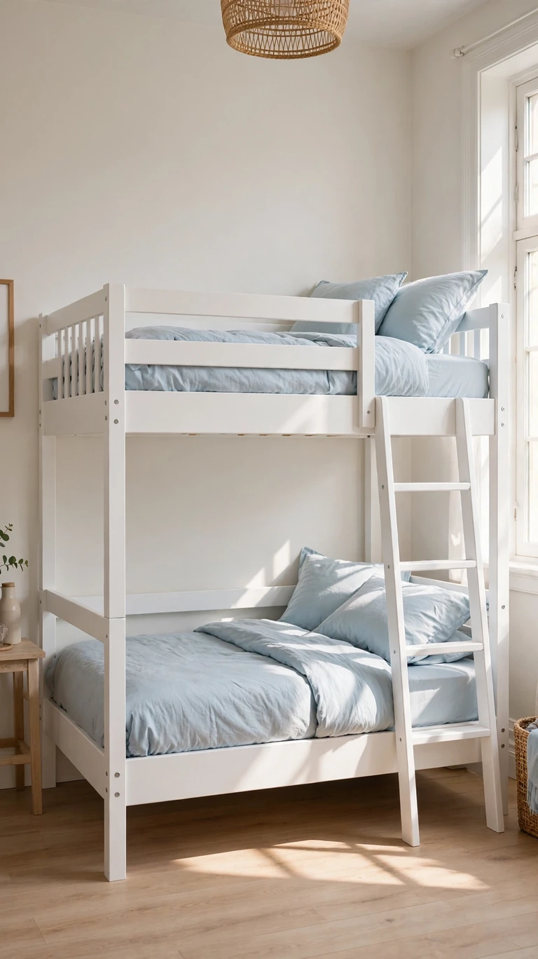 Wooden bunk beds freshly painted white with clean lines, dressed in light blue bedding in a sunny bedroom.