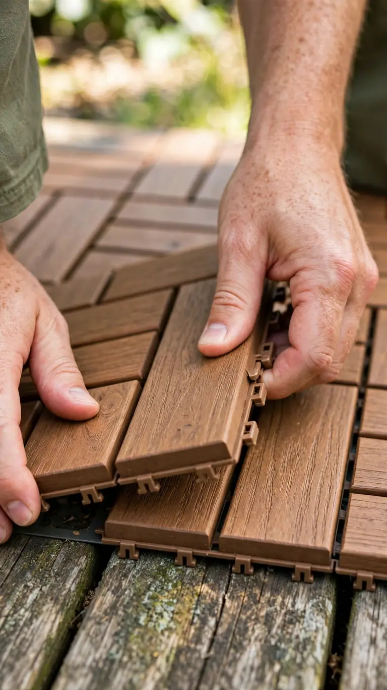 Close view of interlocking peel-and-stick deck tiles being laid over old weathered wooden deck boards.