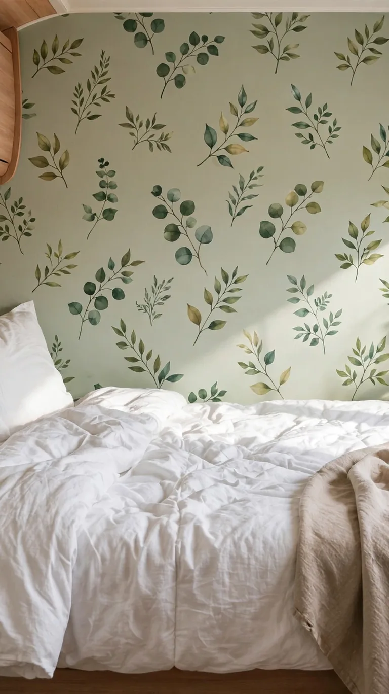 A caravan bedroom wall covered in subtle botanical peel-and-stick wallpaper behind a neatly made bed.