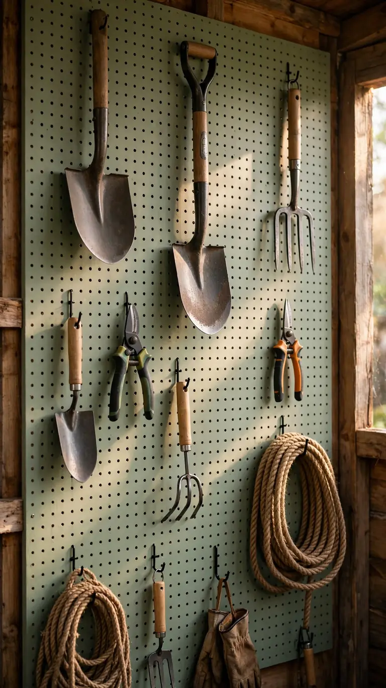 A sage-green painted pegboard covering a shed wall with neatly arranged garden tools, shovels, hand tools, and coiled rope on hooks.