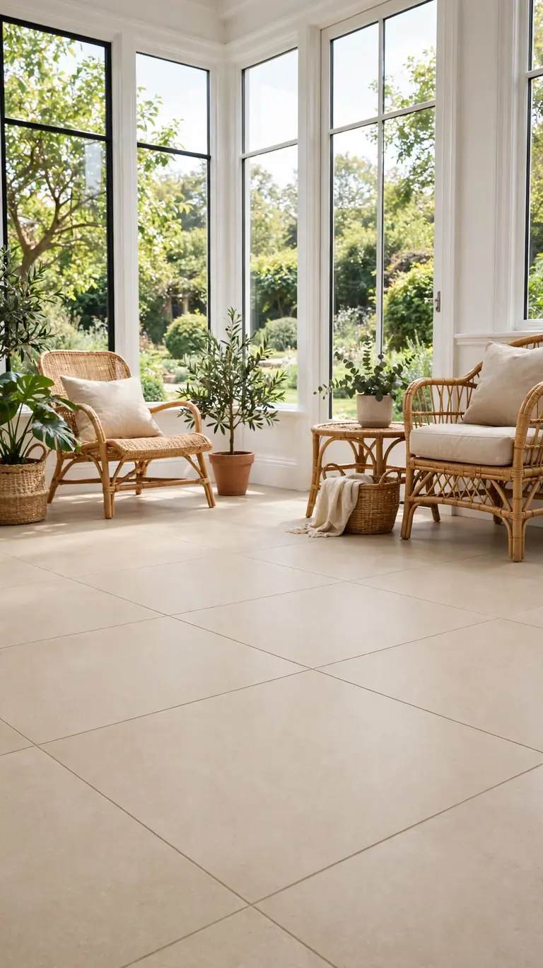 Sunroom with large beige porcelain tile floor, white trim, rattan furniture, and tall windows overlooking a garden.