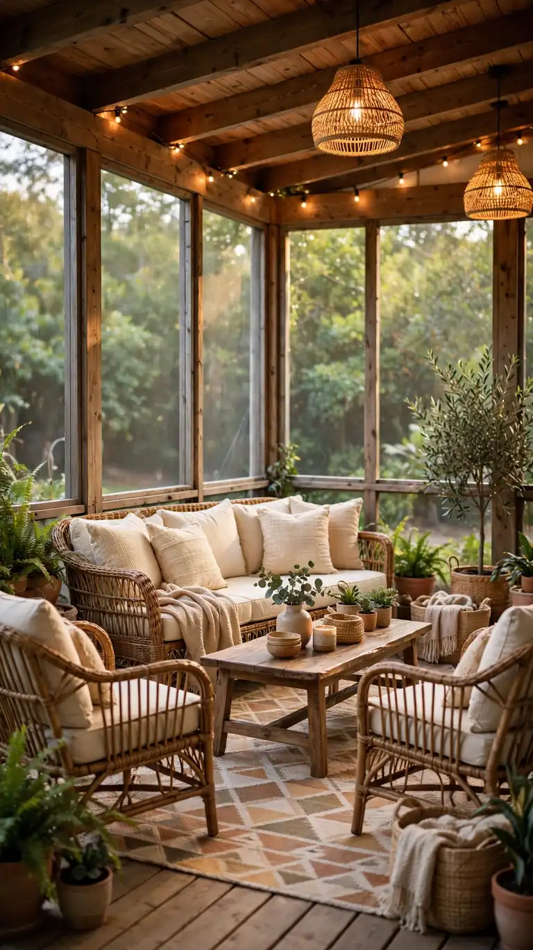 Screened-in back porch lounge with a wicker outdoor sofa and chairs with cream cushions arranged around a coffee table on a patterned outdoor rug.