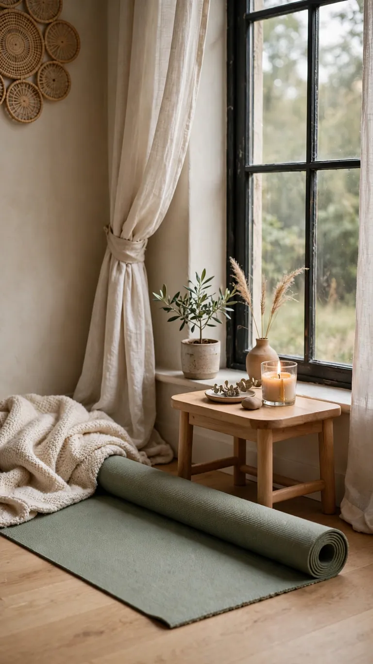 14 Inspiring Yoga Room Ideas for a Peaceful Home Retreat 2 Quiet corner of a home set up as a yoga space with a mat, small side table, and a lit candle beside a window.