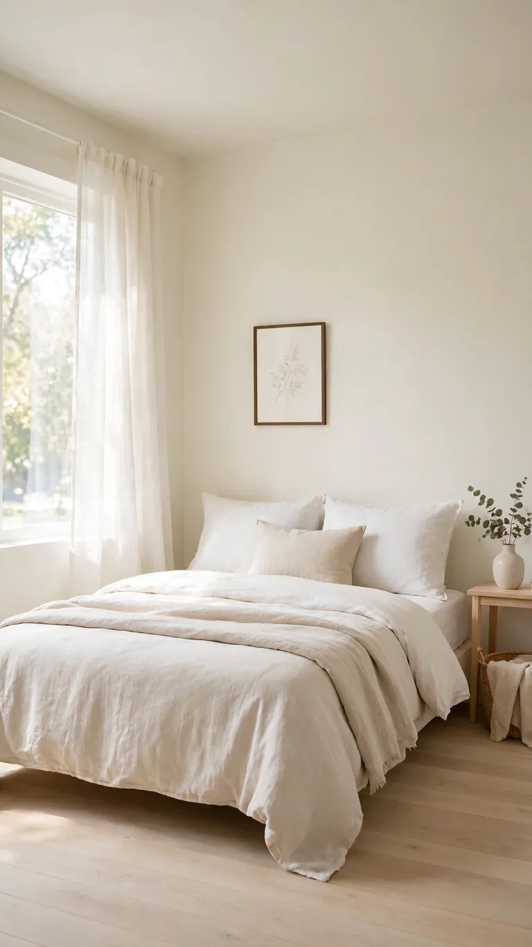 Small bedroom with light cream walls and ceiling painted the same airy shade, bright and open.