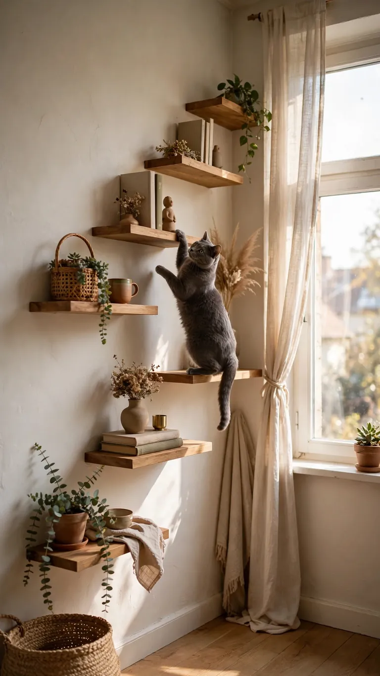Staggered Floating Shelves by the Window