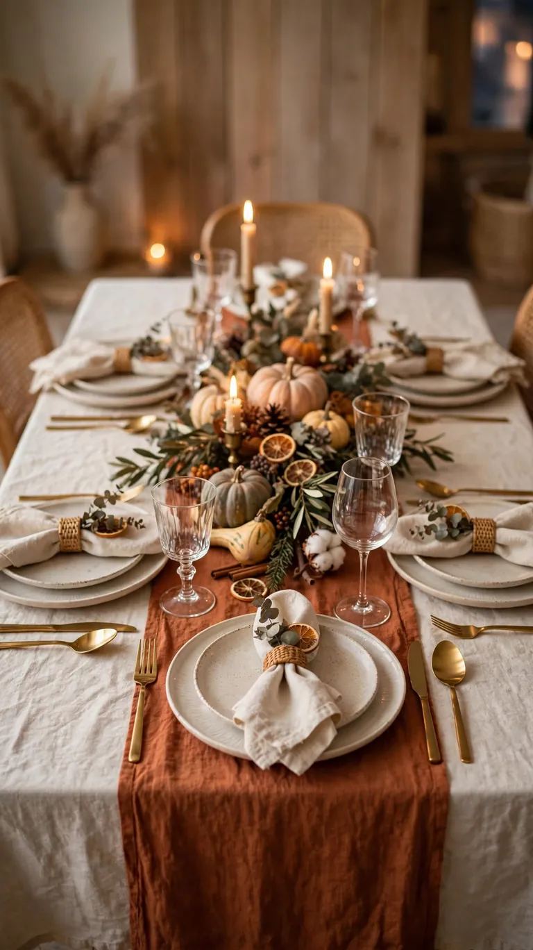 23 Beautiful Thanksgiving Decor Ideas for a Warm Holiday Home 2 Start with a Layered Table Base