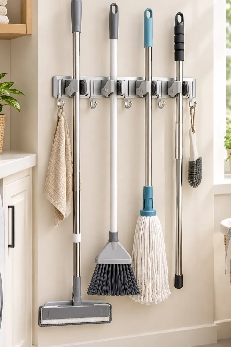 Wall rail with a broom, mops, and cleaning tools hanging on hooks in a laundry room