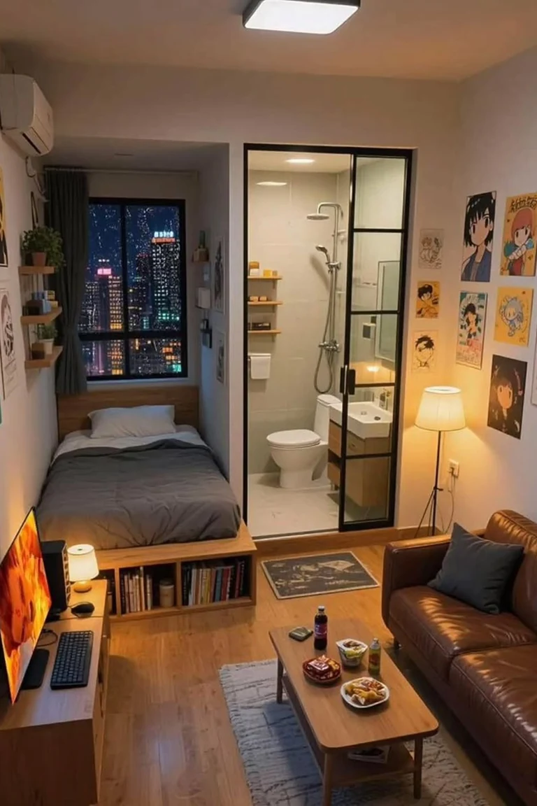 11 Micro Studio Apartment Ideas for Extremely Small Urban Spaces 11 Compact studio with a bed in a back corner nook, a desk with a monitor at the left, a brown leather sofa, and a bathroom with a glass door