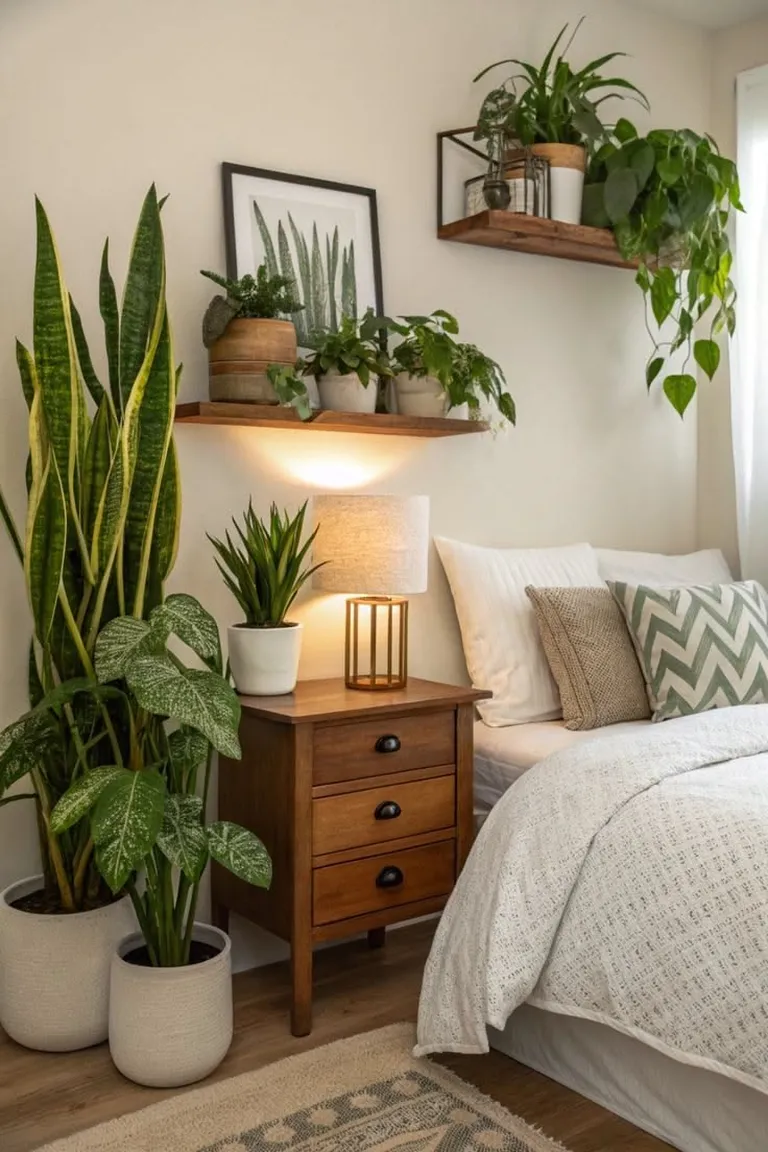 20 Renter-Friendly Bedroom Ideas for a Cozy Space Without Painting 11 Plants on the nightstand, the floor, and shelves around a bed in a cozy rental bedroom