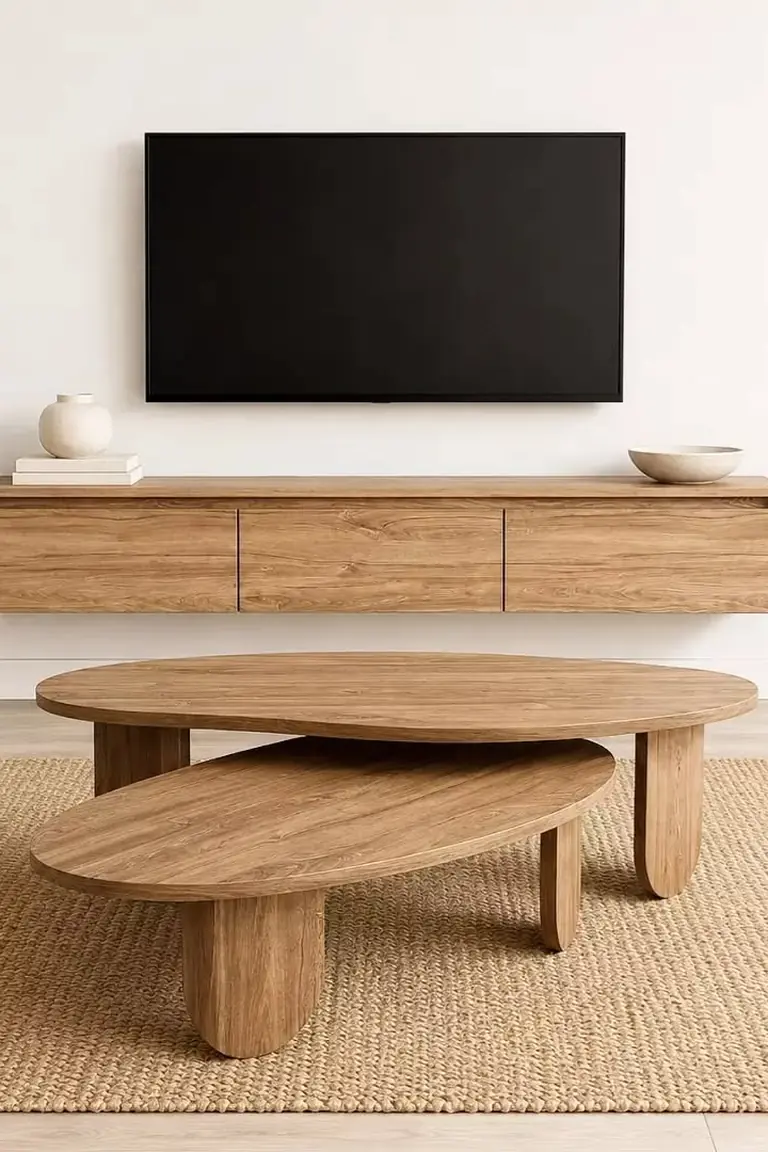 A bright Scandinavian living room TV wall with a plain white wall, a large television above a long light wood floating console, a woven rug and wooden coffee tables.