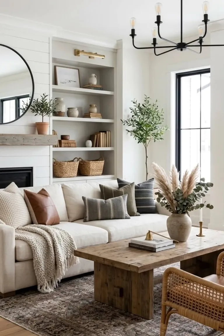 25 Stunning Accent Wall Ideas for Every Room and Style 11 A farmhouse living room with a white horizontal shiplap accent wall around a fireplace with a round mirror above the mantel, a cream sofa, a wooden coffee table, a patterned rug, built-in shelves, and tall windows