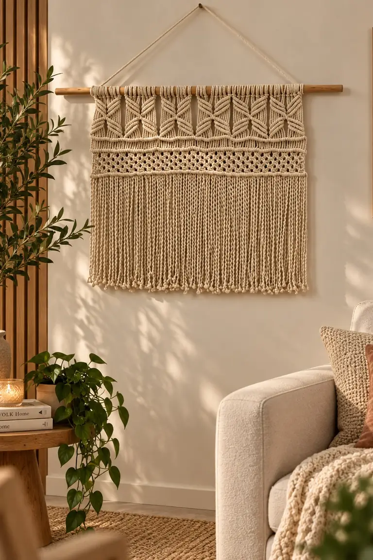 Cream macrame wall hanging above a corner armchair with rust cushions, books, and plants